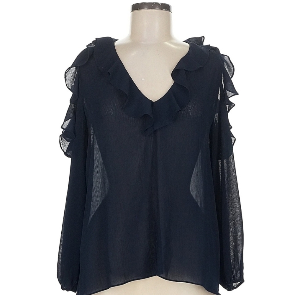 Alice + Olivia Deep Navy Blue Ruffled Dress Blouse M